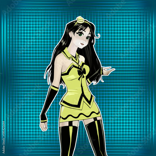Cute anime cartoon female chatacter with long dark hair wearing lovely fancy dress