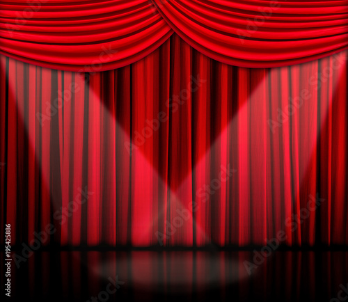 Red curtain with reflection on floor - background, Interior template for product display