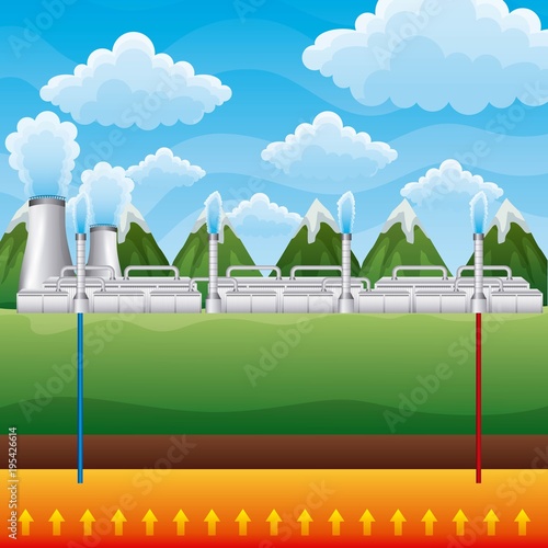 power plant geothermal landscape mountains - renewable energy vector illustration