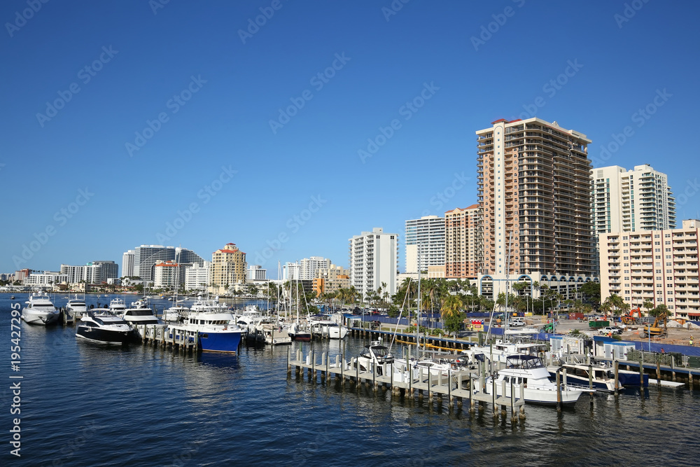 Clear blue skies over Fort Lauderdale beach skyline at Las Olas Boulevard and the Intracoastal Waterway, steps away from Fort Lauderdale Beach.