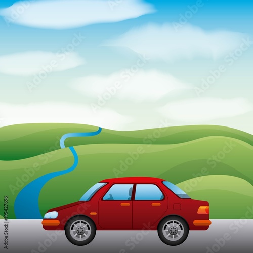 red car on road and landscape river vector illustration