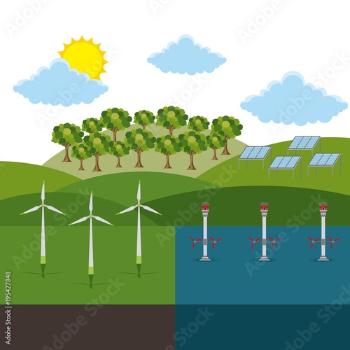 energy types - landscape with   panel solar  turbines wind and seawater sustainable vector illustration