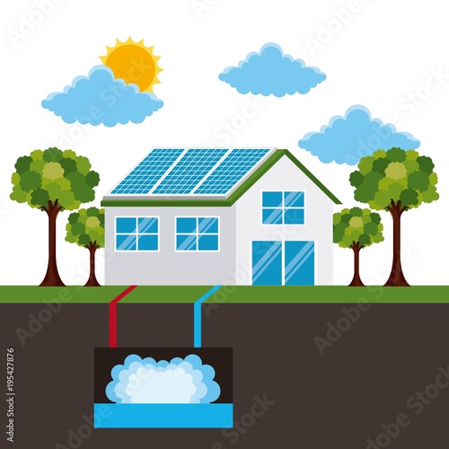 energy types - house   panel solar  and geothermal vector illustration