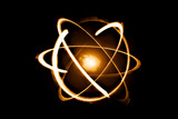 Quantum computer technology concept. Science yellow shining cosmic atom nuclear on black background.