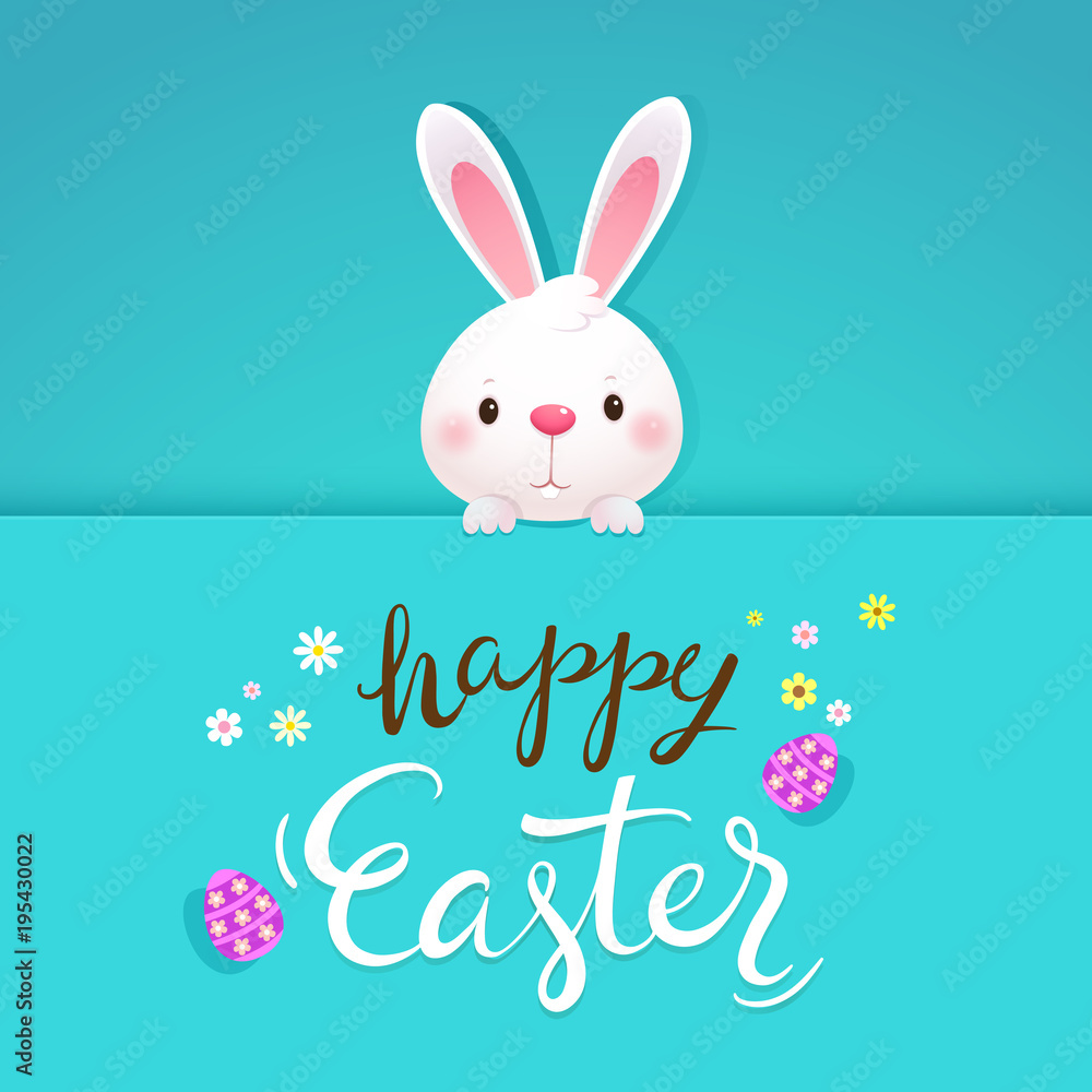Happy Easter greeting card with white rabbit and eggs. Easter bunny Happy Easter greeting card with white rabbit and eggs. Easter bunny