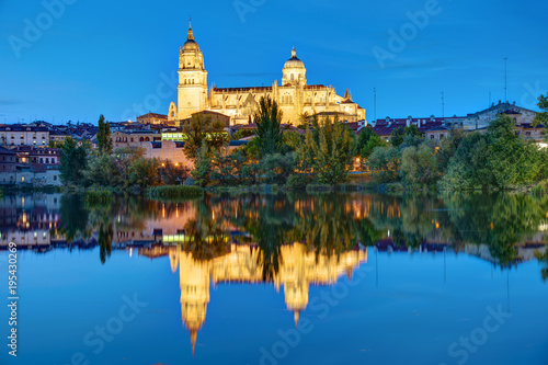The Cathedral of Salamanca and the river Tormes at night