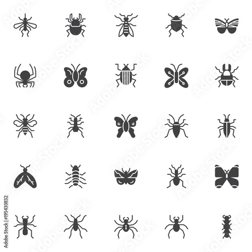 Bugs and insects vector icons set, modern solid symbol collection, filled style pictogram pack. Signs, logo illustration. Set includes icons as cockroach, butterfly, beetle, mosquito, grasshopper