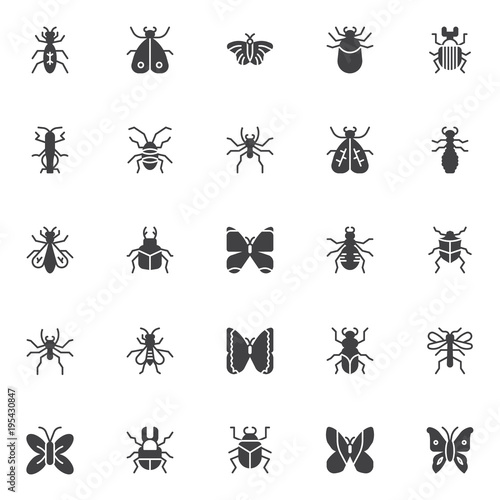 Insects and bugs vector icons set, modern solid symbol collection, filled style pictogram pack. Signs, logo illustration. Set includes icons as moth, flea, cockroach, tick animal, wasp, beetle, fly © alekseyvanin