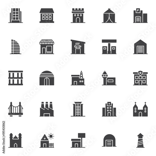 Buildings vector icons set, modern solid symbol collection, filled style pictogram pack. Signs, logo illustration. Set includes icons as modern office building, house, castle tower, hotel, garage