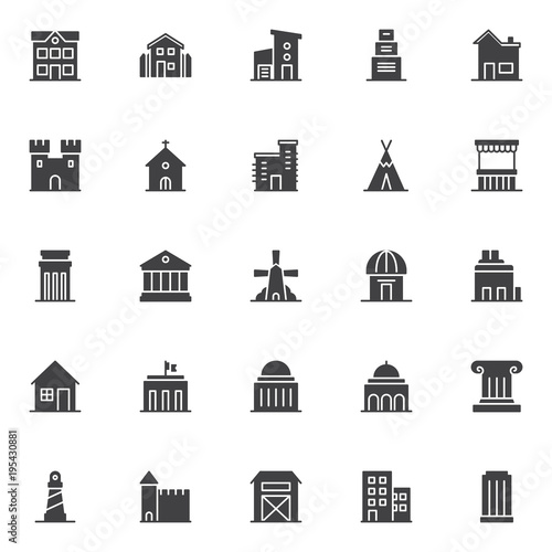 Landmarks and building vector icons set, modern solid symbol collection, filled style pictogram pack. Signs, logo illustration. Set includes icons as school, countryside house, two storey house garage