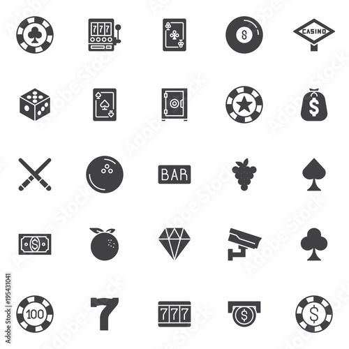 Casino vector icons set, modern solid symbol collection, filled style pictogram pack. Signs, logo illustration. Set includes icons as Clover chip, Slot machine with sevens, Pool ball, Dice, Diamond