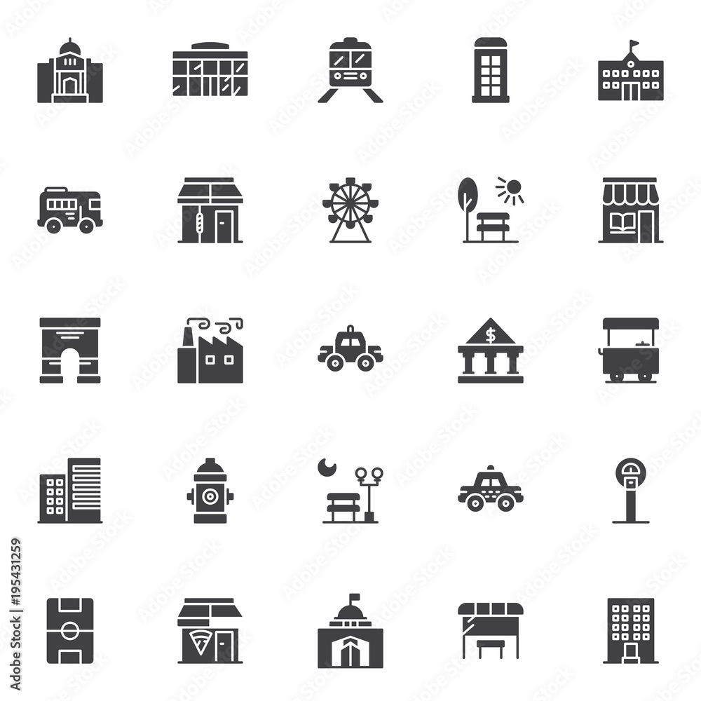 Urban buildings vector icons set, modern solid symbol collection, filled style pictogram pack. Signs, logo illustration. Set includes icons as palace, Shopping mall, Barber Shop store, Bus station