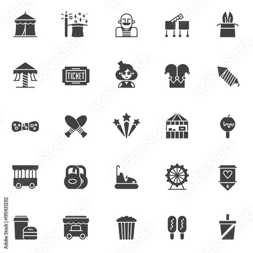 Circus vector icons set, modern solid symbol collection, filled style pictogram pack. Signs, logo illustration. Set includes icons as
