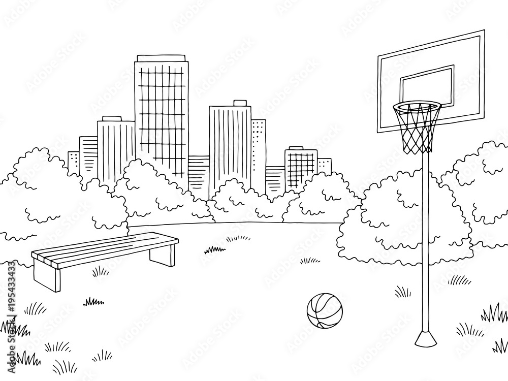 Fototapeta premium Street sport basketball graphic black white city landscape sketch illustration vector