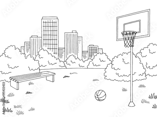 Street sport basketball graphic black white city landscape sketch illustration vector