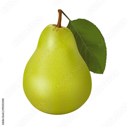 Green pear with a leaf isolated on white background. Ripe fruit.