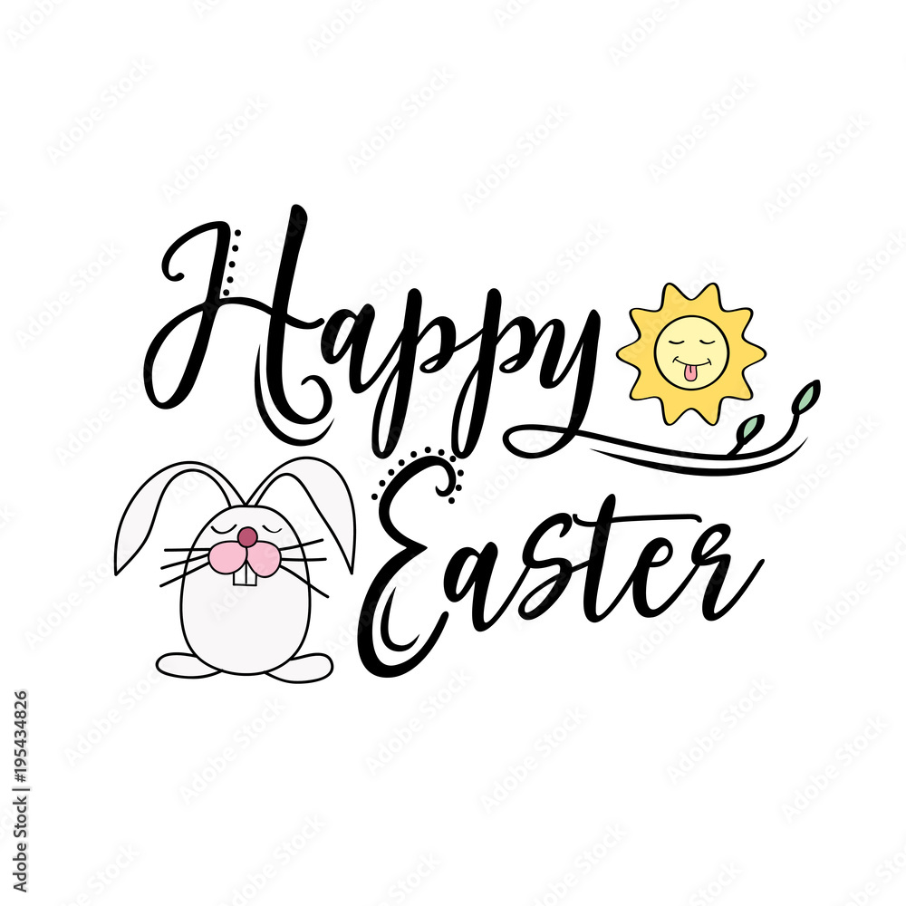 Happy Easter greeting text decorate with sun and bunny Happy Easter greeting text decorate with sun and bunny