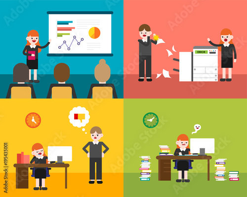 working hard business people in office vector flat design illustration set 