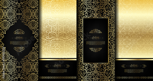 Arabesque abstract eastern element classy black and gold background card template vector set