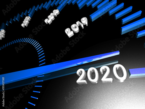 Conceptual 2020 New Year Speedometer on a black background. 3d Rendering