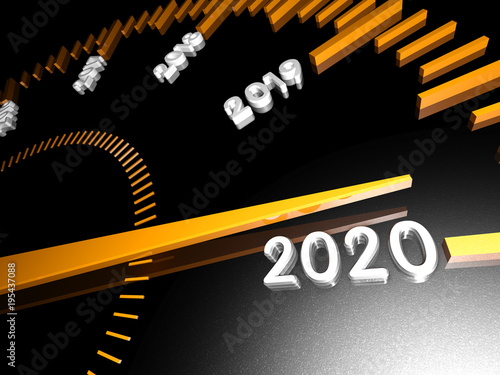 Conceptual 2020 New Year Speedometer on a black background. 3d Rendering