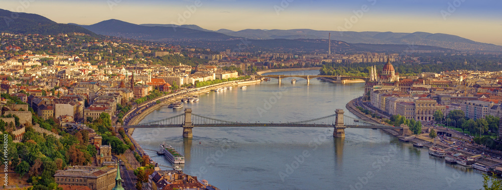 panorama of Budapest city with Danube river and Chain bridge. Hungary