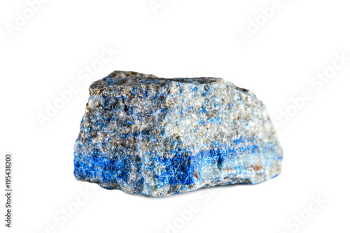 Macro shooting of natural gemstone. Raw mineral lazurite. Pakistan. Isolated object on a white background.