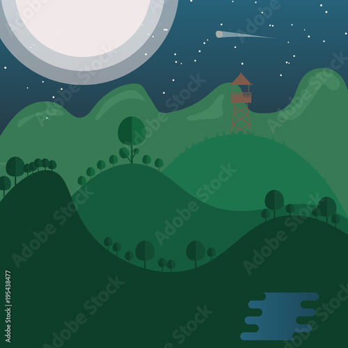 Tower in Nature Landscape with light moon behind mountain  meteor  flat design