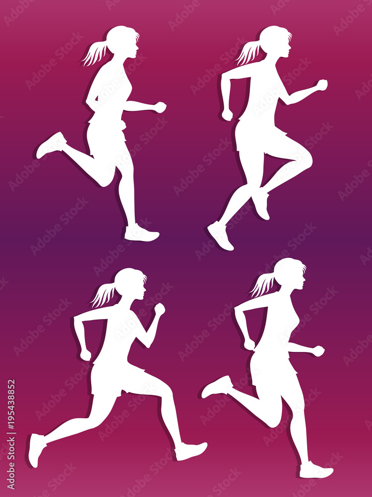 White female running silhouette vector set