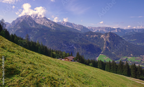 Alps mountains of Germany and green pasture landscape