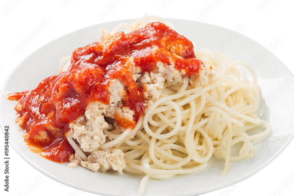 pasta, spaghetti with chicken and red sauce on a plate, white background pasta, spaghetti with chicken and red sauce on a plate, white background