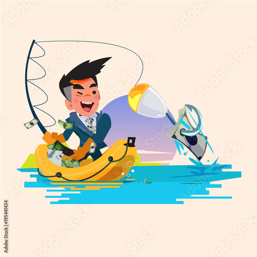 smart businessman hooking money banknote like a fish - vector illustration