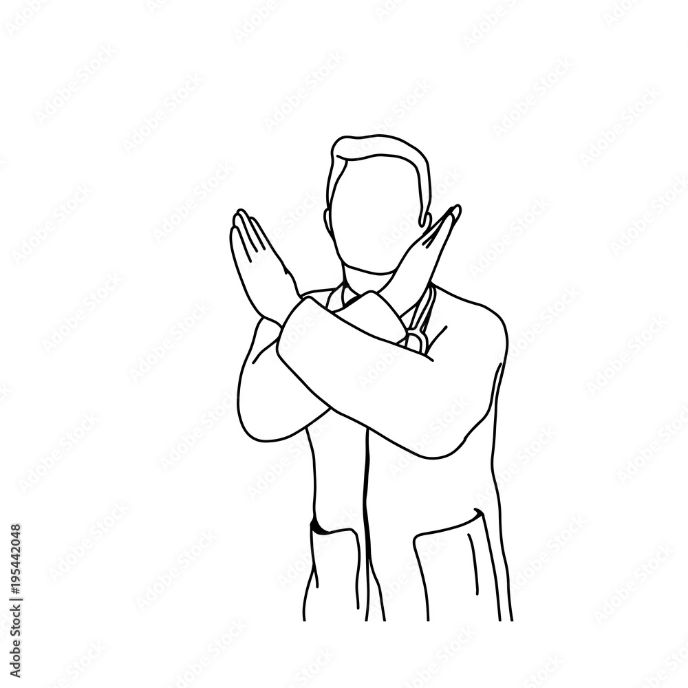 male doctor showing stop sign with hand cross vector illustration sketch hand drawn with black lines isolated on white background