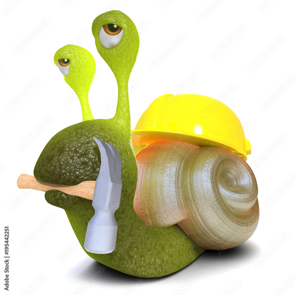 3d Funny cartoon snail bug character wearing a hard hat and holding a  hammer Stock Illustration | Adobe Stock