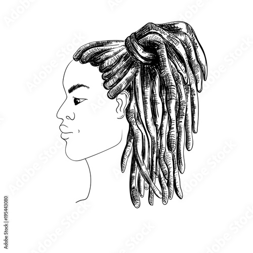 Portrait of man with dreadlocks in profile. Isolated on white background. Black and white vector illustration in sketch style