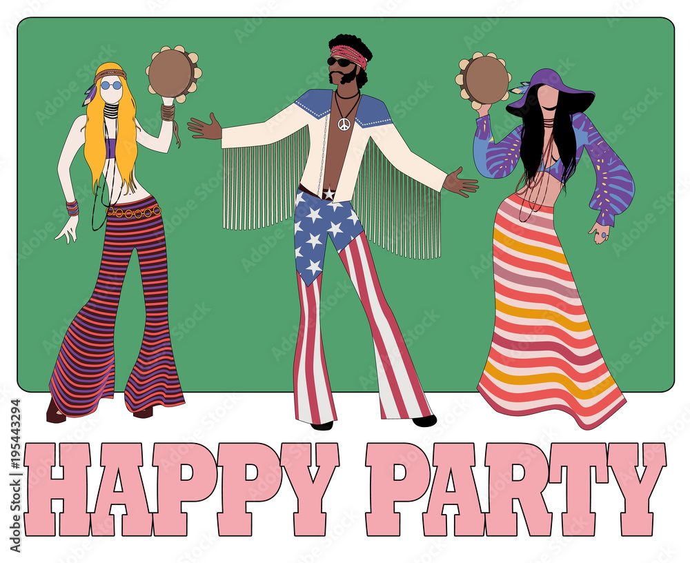 Group of three, two girls playing tambourines and a boy wearing hippie