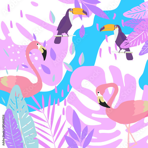 Tropical jungle leaves background with flamingos and toucans. Summer vector illustration design. Flamingo and toucan background. Exotic background poster. Tropical leaves art print