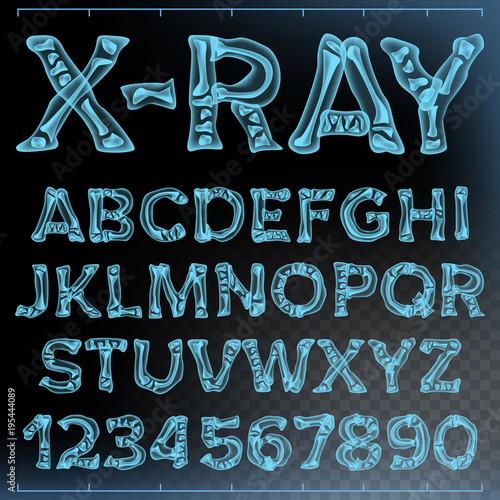 X-ray Font Vector. Transparent Roentgen Alphabet. Radiology 3D Scan. Abc. Blue Bone. Medical Typography. Capitals Letters And Numbers. Isolated Illustration