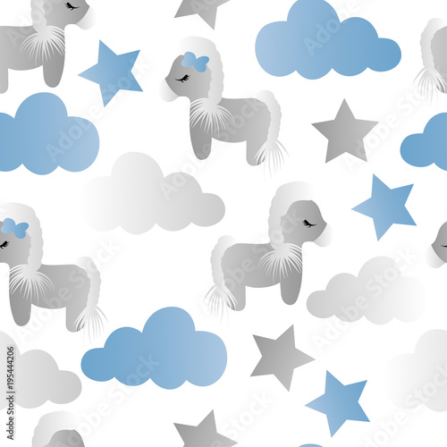 pattern with cartoon pony, clouds and stars