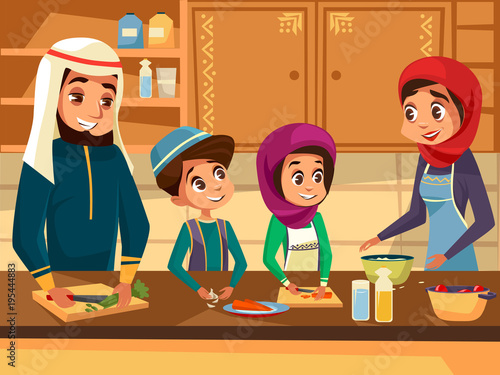 Arab family cooking together at kitchen vector cartoon flat illustration. Muslim family of father and mother with daughter and son children preparing national meal food in traditional Muslim clothing