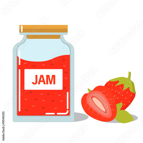 Glass jar with strawberry homemade delicious jam and fresh natural sweet berries in flat a vector.Isolated on a white background.Fruit preserves of foodstuff for  winter.Preparation of sweets canned 