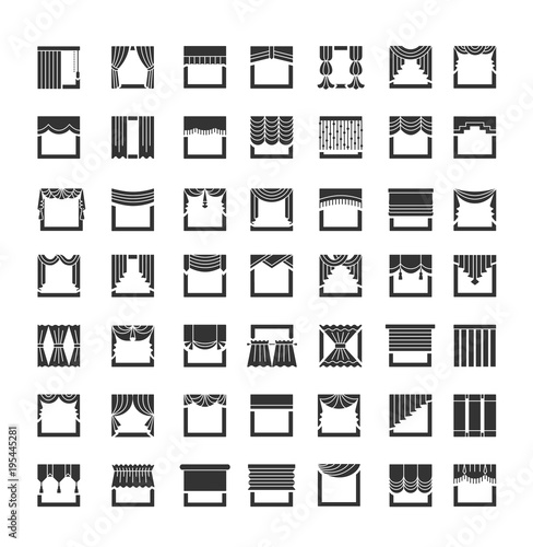 Window draperies, valances, curtains. Interior design elements. Flat icon set. Vector illustration