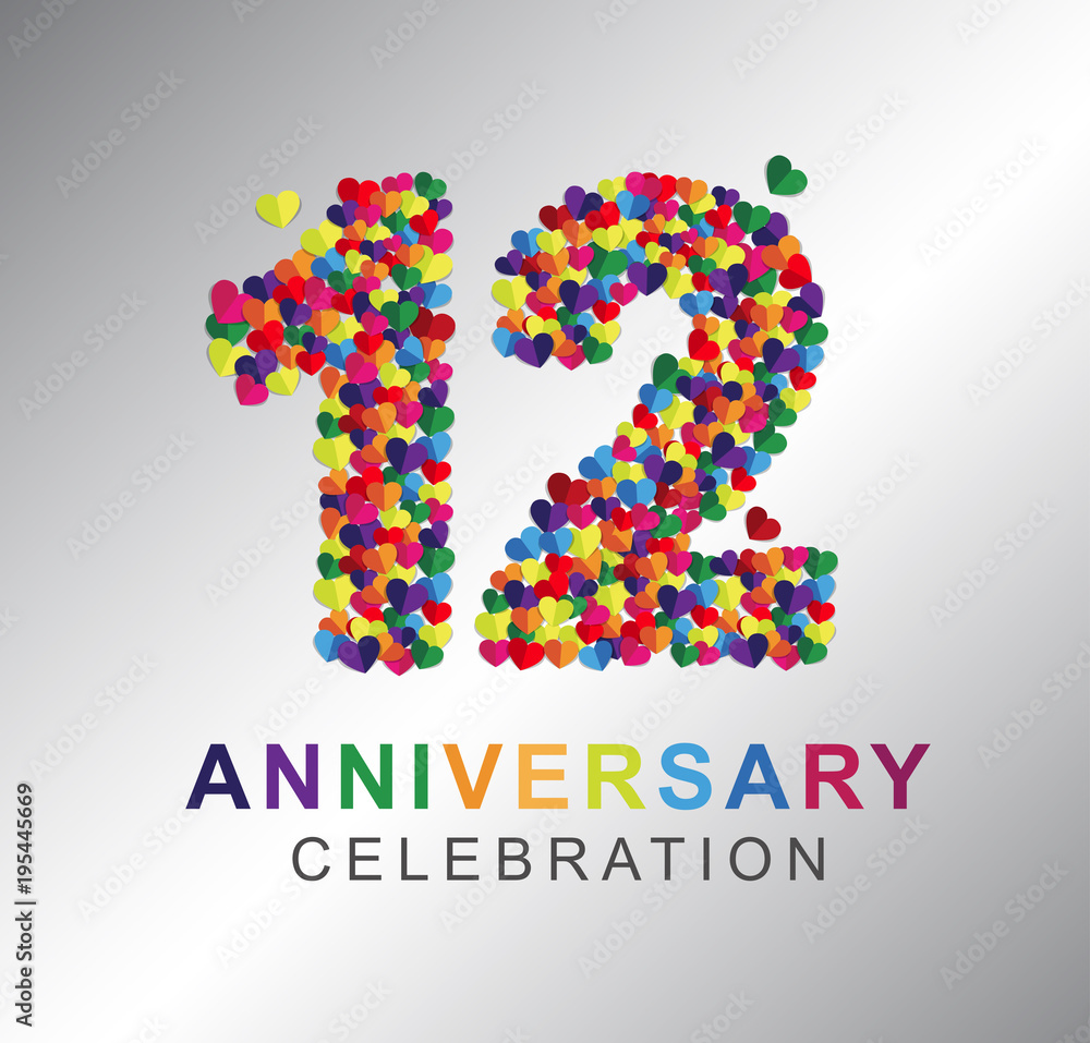 Number twelve, 12th years made from multicolor hearts. Love alphabet. anniversary, aniversary, twelve years anniversary celebration logotype.12th anniversary logo. twelve years. Number twelve, 12th years made from multicolor hearts. Love alphabet. anniversary, aniversary, twelve years anniversary celebration logotype.12th anniversary logo. twelve years.