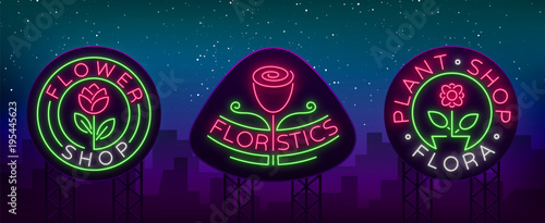Set of neon logos Flower shop, Plants, Florist, Flora emblem, collection of neon signs. Template design element for business, vivid advertising related to flower delivery gardening, florist Billboard
