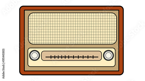 Brown with yellow old retro antique vintage rectangular first hipster radio, music radio receiver with round winders on a white background.