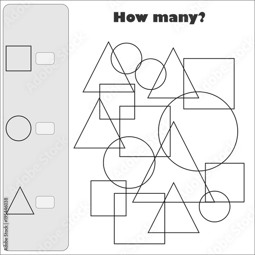 How many counting game with simple geometric shapes for kids, educational maths task for the development of logical thinking, preschool worksheet activity, count and write the result, vector
