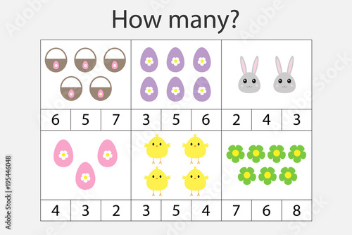 Tableau sur toile How many counting game with easter pictures for kids, educational maths task for