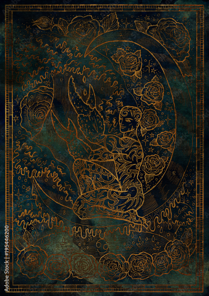 Zodiac sign Cancer on blue grunge texture background. Hand drawn fantasy graphic illustration in frame
