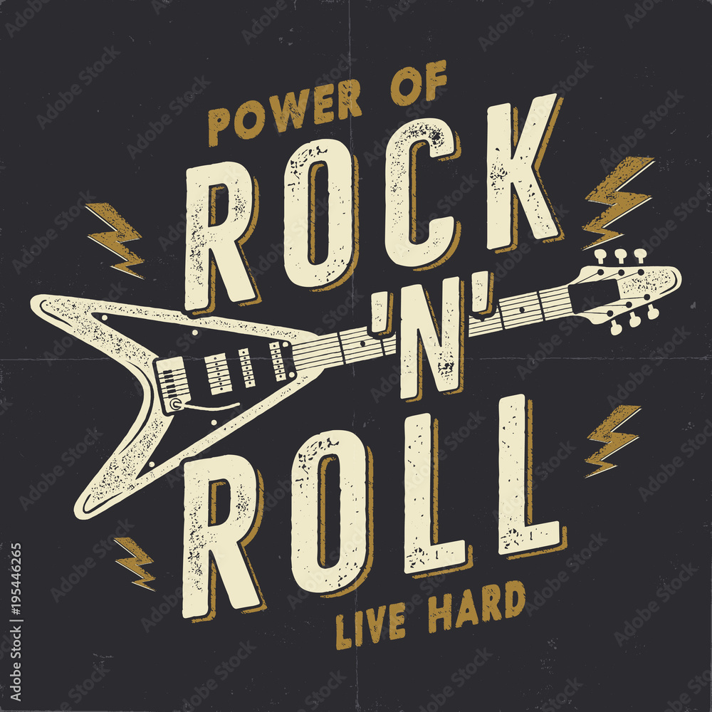 Vintage Hand Drawn Rock n Roll Poster, Rock Music Poster. Hard Music Tee  Graphics Design. Rock Music T-Shirt. Power of Rock n Roll quote. Stock  vector retro wallpaper, emblem. Stock-vektor | Adobe
