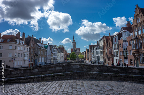 a great view of the famous Jan van Eyckplein from Koningstraat Bridge, Brugge, Belgium